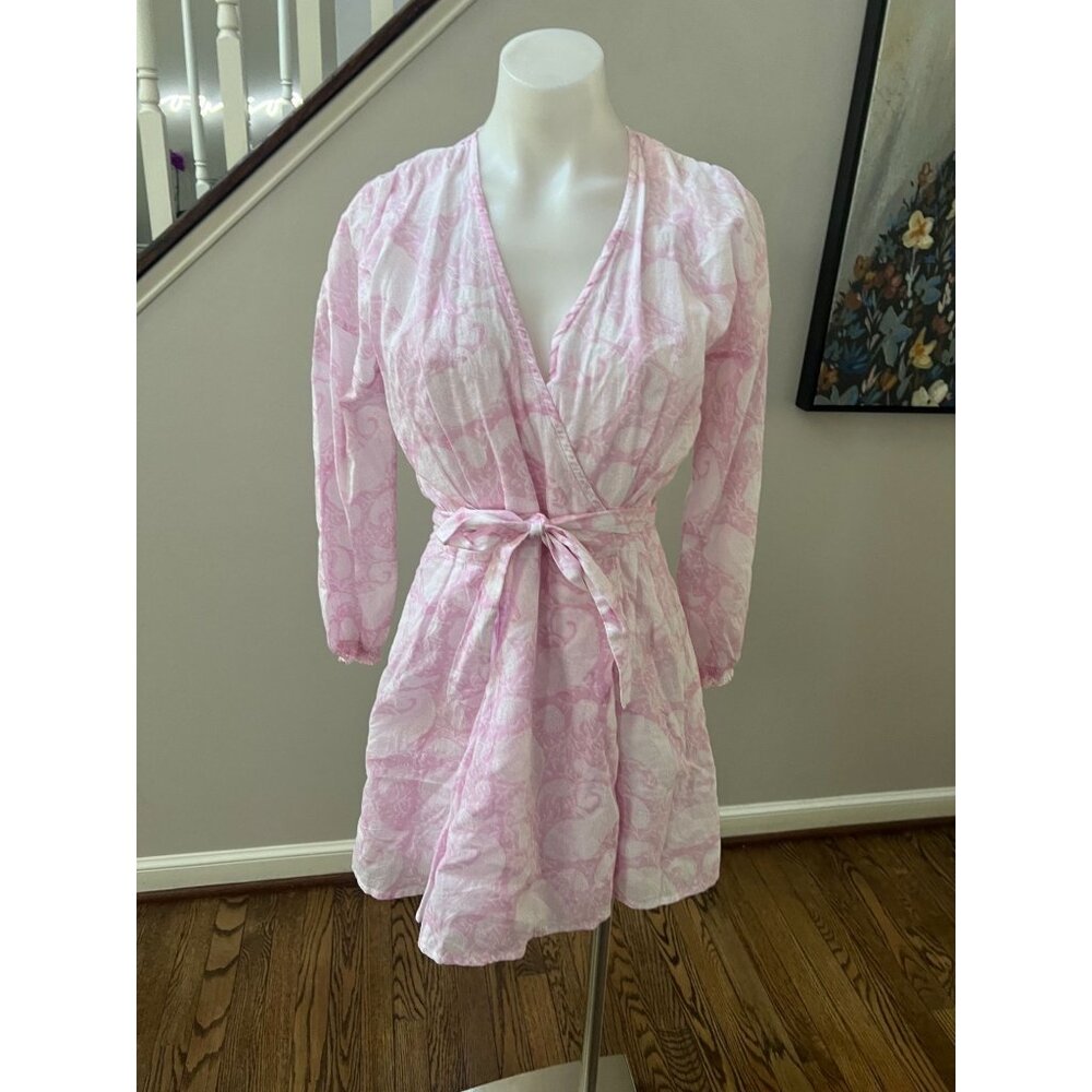 DESERT QUEEN Pink White Paisley Floral Cotton Mini Wrap Dress Size 36  4  Small